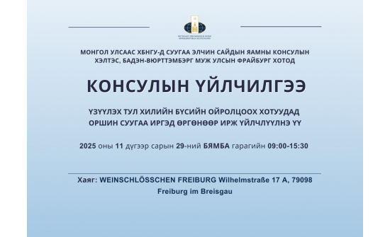 Бадэн-Вюрттэмбэрг муж улсын фрайбург хотод явуулын консулын үйлчилгээ хэрэгжинэ.