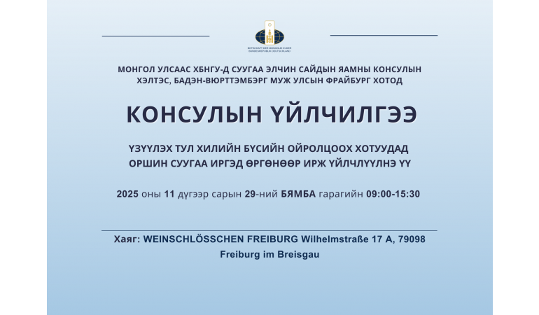 Бадэн-Вюрттэмбэрг муж улсын фрайбург хотод явуулын консулын үйлчилгээ хэрэгжинэ.